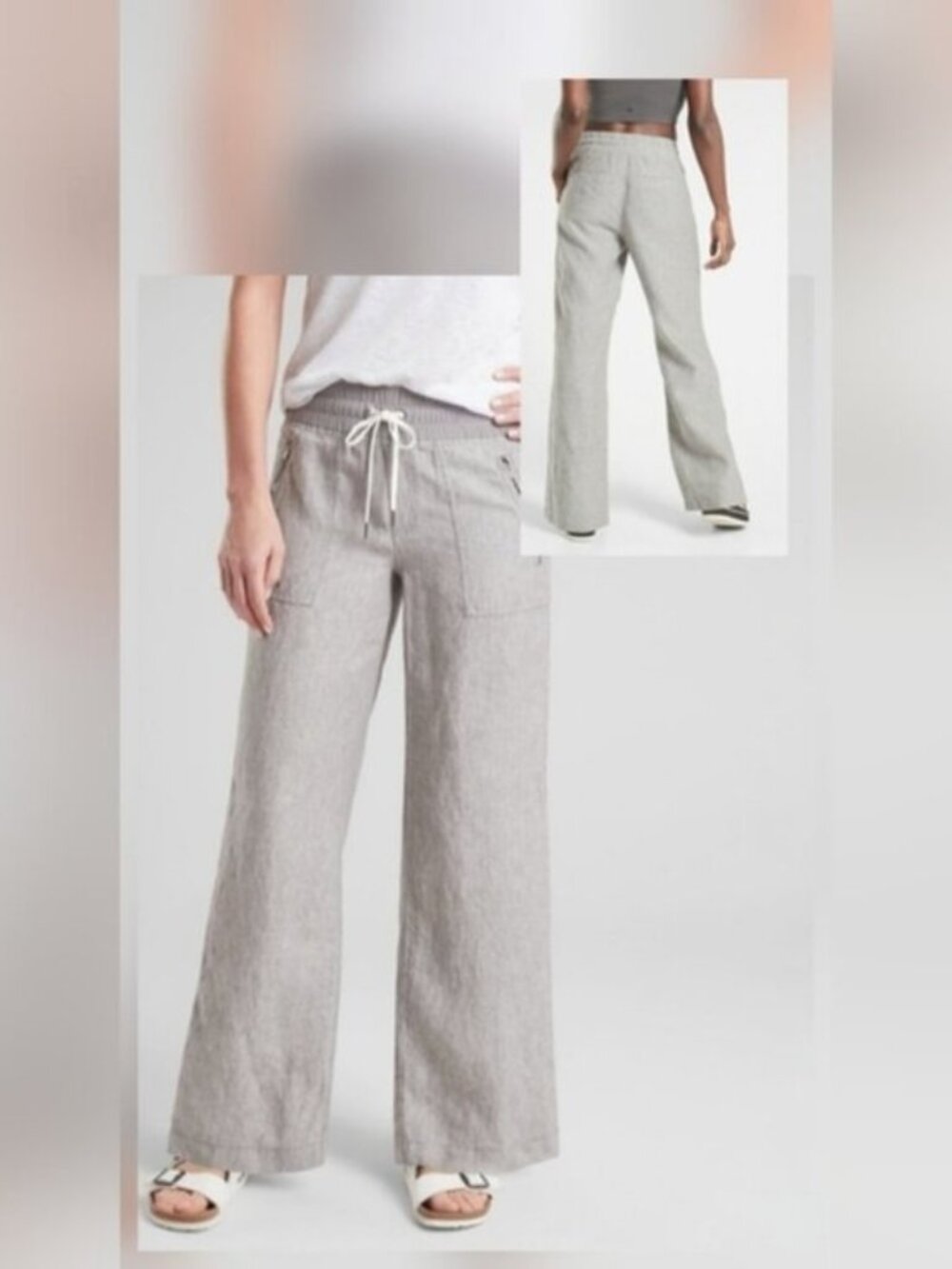 Athleta Cabo Light Gray Linen SZ 0 Wide Leg Loungewear Comfy Pull On Pants